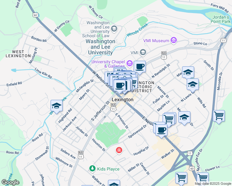 map of restaurants, bars, coffee shops, grocery stores, and more near Highway 60 in Lexington