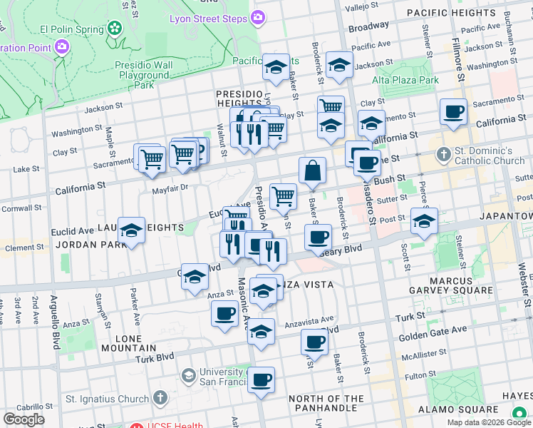 map of restaurants, bars, coffee shops, grocery stores, and more near in San Francisco