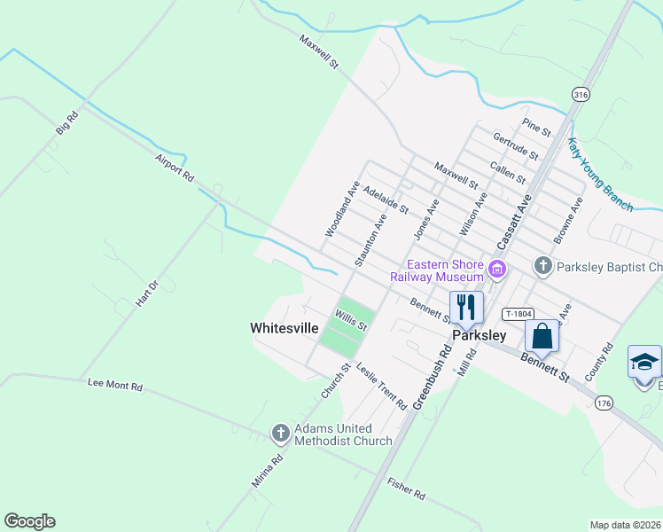 map of restaurants, bars, coffee shops, grocery stores, and more near 24001-24075 State Route 673 in Parksley