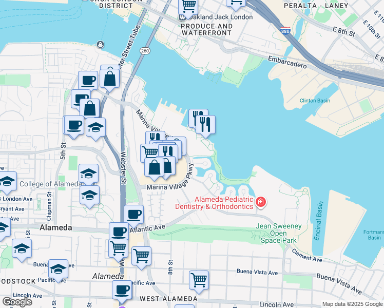 map of restaurants, bars, coffee shops, grocery stores, and more near 1000 Marina Village Parkway in Alameda