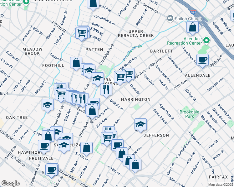 map of restaurants, bars, coffee shops, grocery stores, and more near 2154 35th Avenue in Oakland