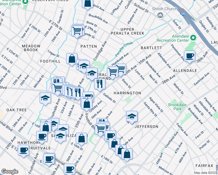 map of restaurants, bars, coffee shops, grocery stores, and more near 2150 35th Avenue in Oakland