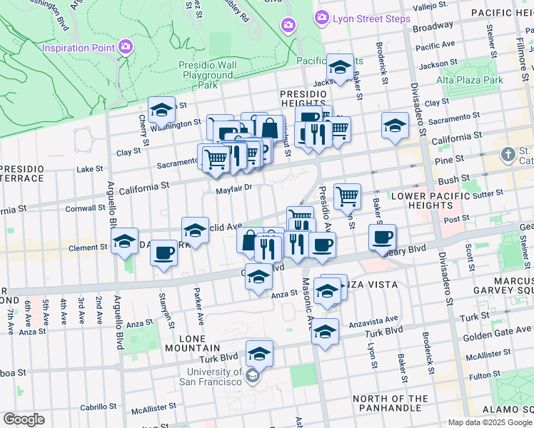 map of restaurants, bars, coffee shops, grocery stores, and more near 585 Laurel Street in San Francisco