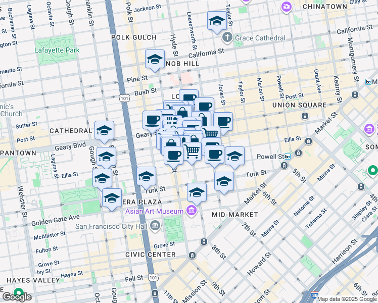 map of restaurants, bars, coffee shops, grocery stores, and more near in San Francisco