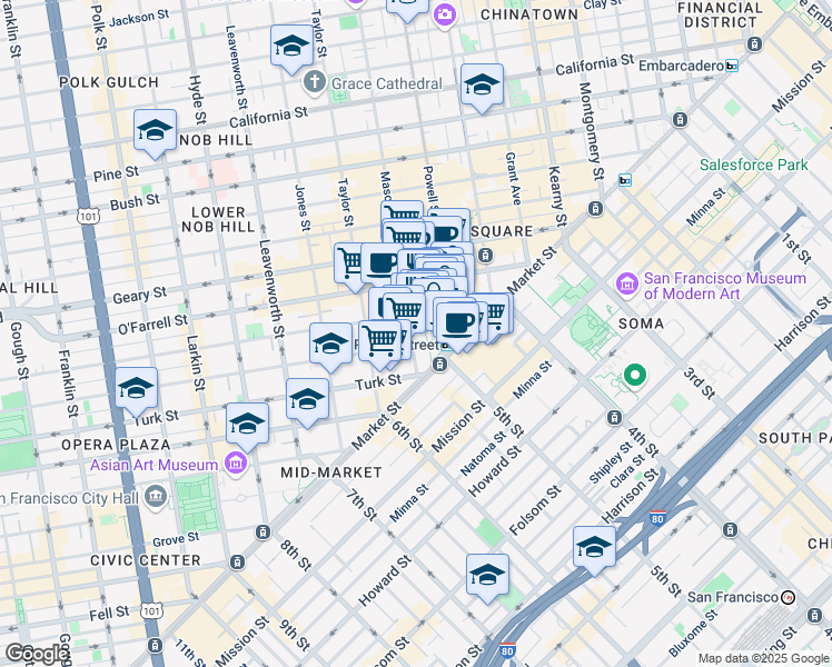 map of restaurants, bars, coffee shops, grocery stores, and more near 55 Cyril Magnin Street in San Francisco
