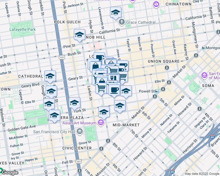 map of restaurants, bars, coffee shops, grocery stores, and more near 516 Ellis Street in San Francisco