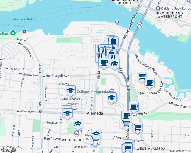 map of restaurants, bars, coffee shops, grocery stores, and more near 450 Railroad Lane in Alameda