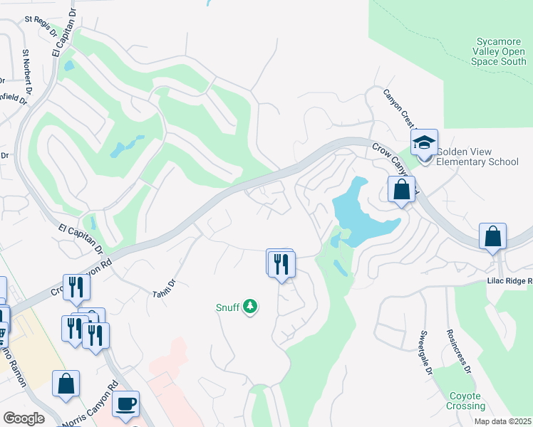 map of restaurants, bars, coffee shops, grocery stores, and more near 3663 Crow Canyon Road in San Ramon