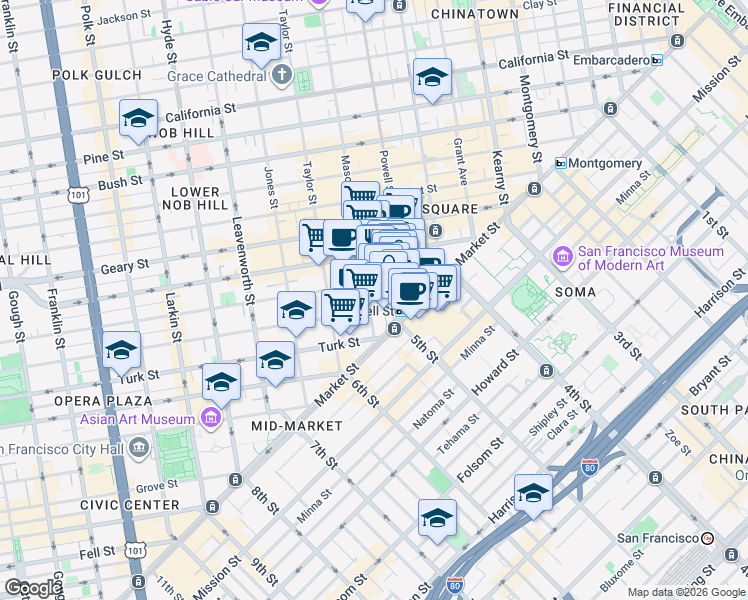 map of restaurants, bars, coffee shops, grocery stores, and more near 55 Cyril Magnin Street in San Francisco