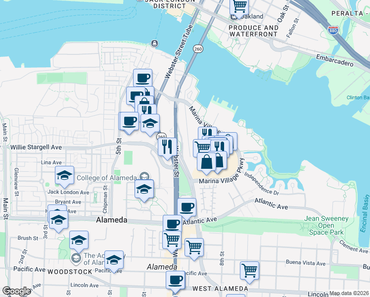 map of restaurants, bars, coffee shops, grocery stores, and more near 2150 Mariner Square Drive in Alameda