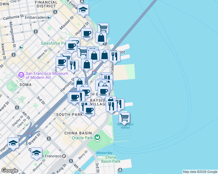map of restaurants, bars, coffee shops, grocery stores, and more near The Embarcadero & Brannan St in San Francisco