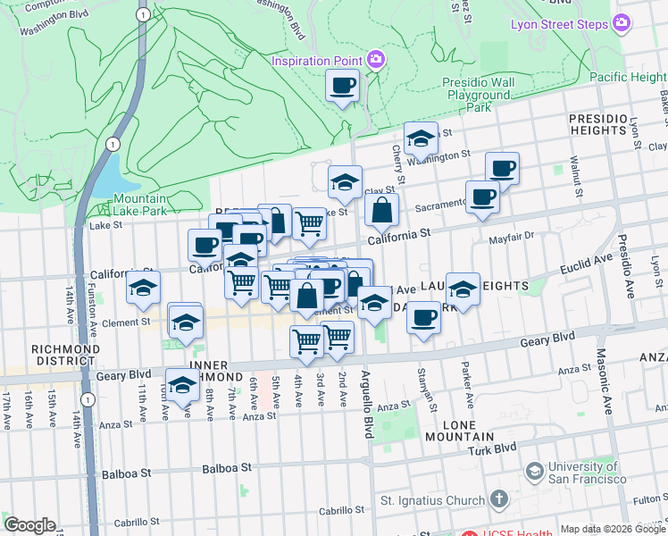 map of restaurants, bars, coffee shops, grocery stores, and more near 205 2nd Avenue in San Francisco