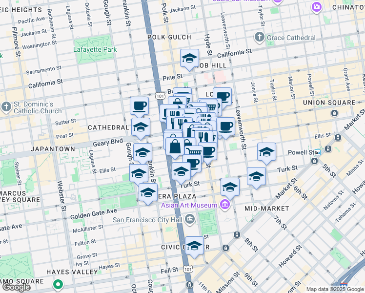 map of restaurants, bars, coffee shops, grocery stores, and more near 888 O'Farrell Street in San Francisco