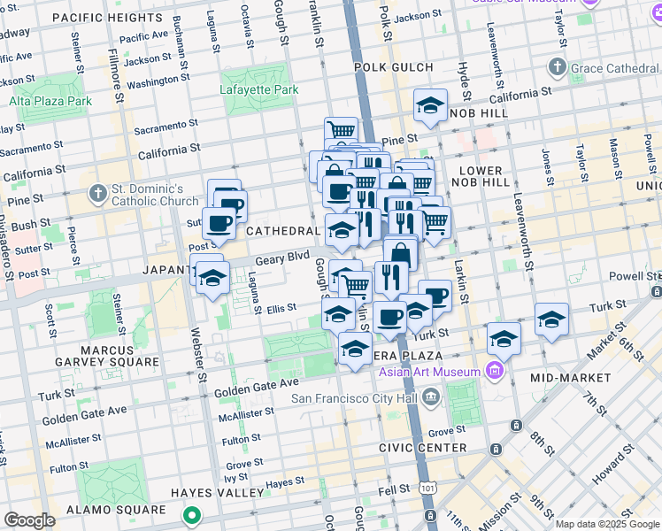 map of restaurants, bars, coffee shops, grocery stores, and more near 1200 Gough Street in San Francisco