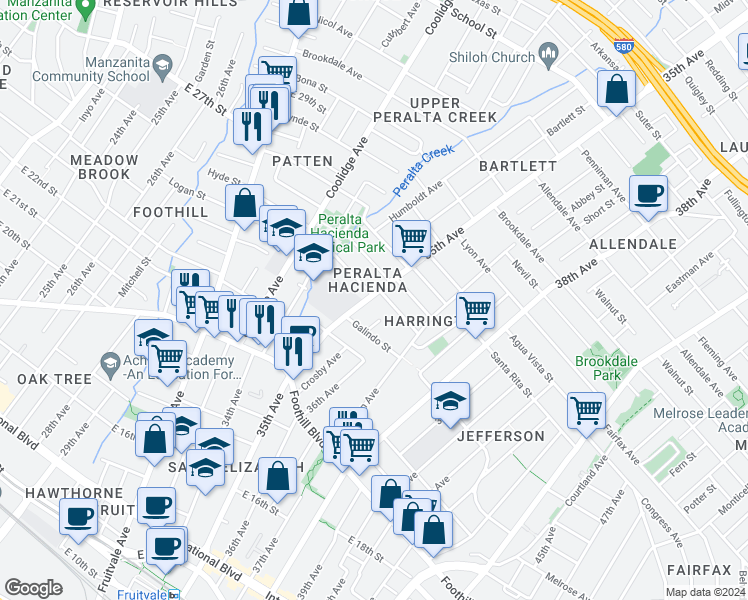 map of restaurants, bars, coffee shops, grocery stores, and more near 2154 35th Avenue in Oakland