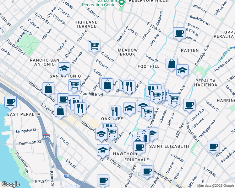 map of restaurants, bars, coffee shops, grocery stores, and more near in Oakland