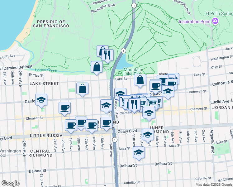 map of restaurants, bars, coffee shops, grocery stores, and more near 184 Funston Avenue in San Francisco