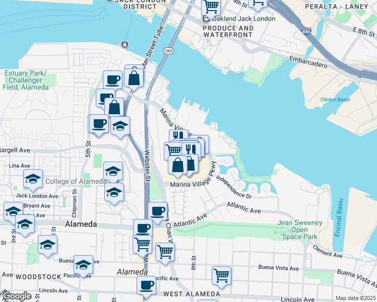 map of restaurants, bars, coffee shops, grocery stores, and more near 1001 Marina Village Parkway in Alameda