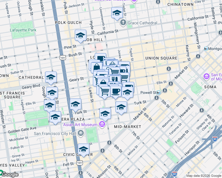map of restaurants, bars, coffee shops, grocery stores, and more near 516 Ellis Street in San Francisco