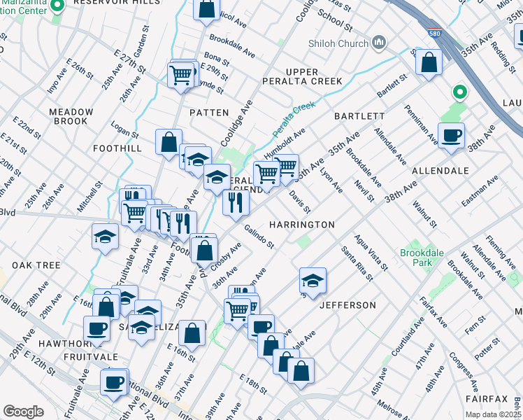 map of restaurants, bars, coffee shops, grocery stores, and more near 2162 35th Avenue in Oakland