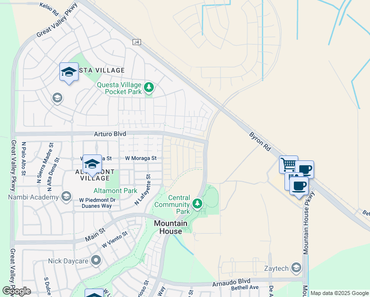 map of restaurants, bars, coffee shops, grocery stores, and more near De Anza Blvd in Tracy