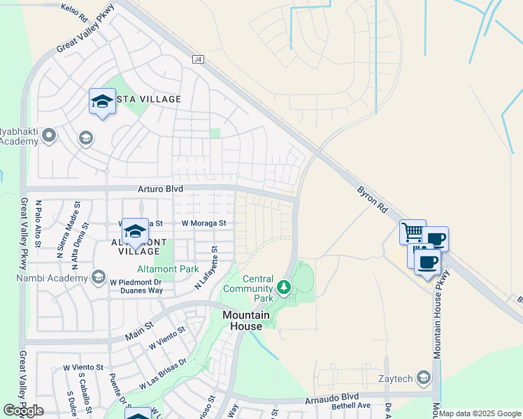 map of restaurants, bars, coffee shops, grocery stores, and more near De Anza Blvd in Tracy