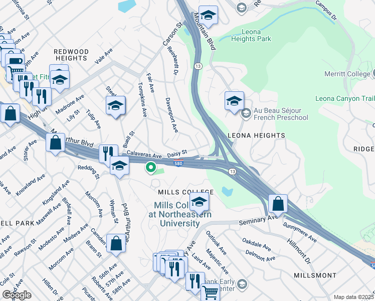 map of restaurants, bars, coffee shops, grocery stores, and more near 5000 Fair Avenue in Oakland