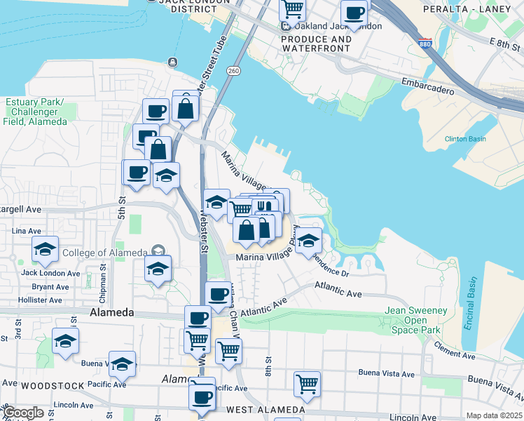 map of restaurants, bars, coffee shops, grocery stores, and more near 1001 Marina Village Pkwy in Alameda