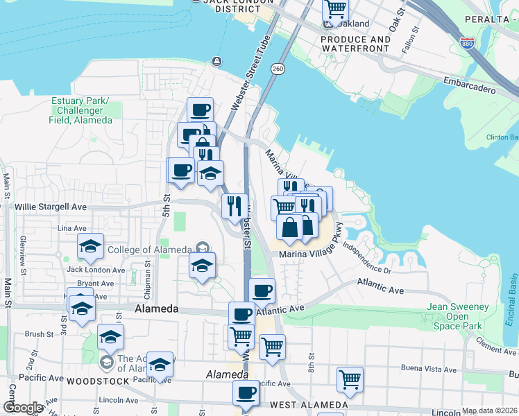 map of restaurants, bars, coffee shops, grocery stores, and more near 2100 Tynan Avenue in Alameda