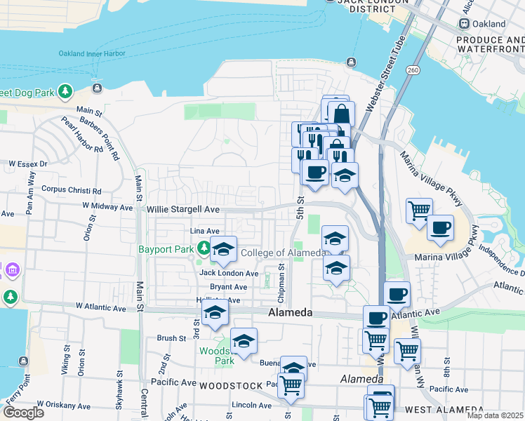 map of restaurants, bars, coffee shops, grocery stores, and more near 4101 Ohio in Alameda