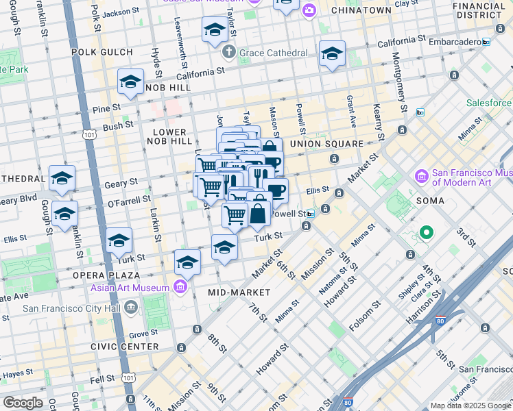 map of restaurants, bars, coffee shops, grocery stores, and more near 344 Ellis Street in San Francisco