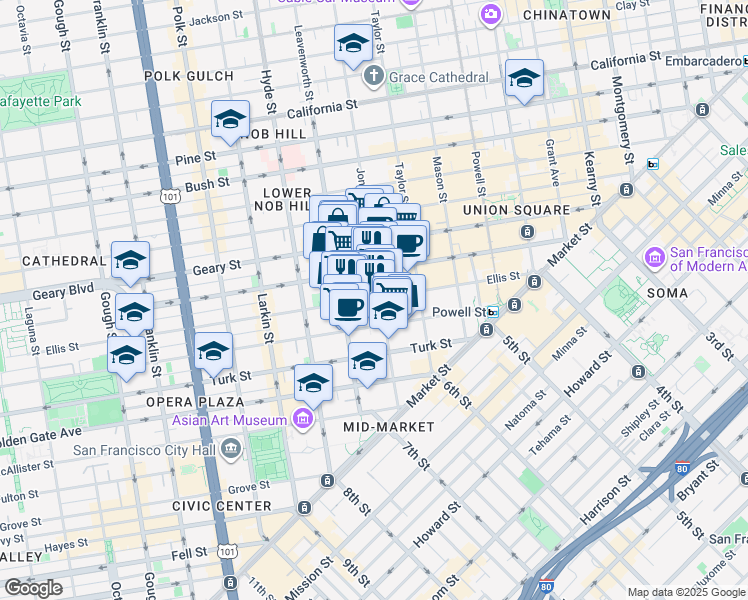 map of restaurants, bars, coffee shops, grocery stores, and more near 440 Ellis Street in San Francisco