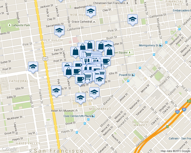 map of restaurants, bars, coffee shops, grocery stores, and more near 440 Ellis Street in San Francisco