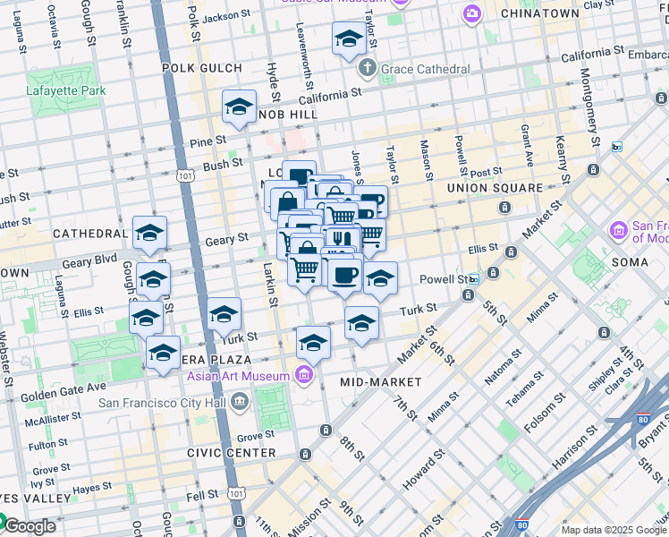 map of restaurants, bars, coffee shops, grocery stores, and more near in San Francisco