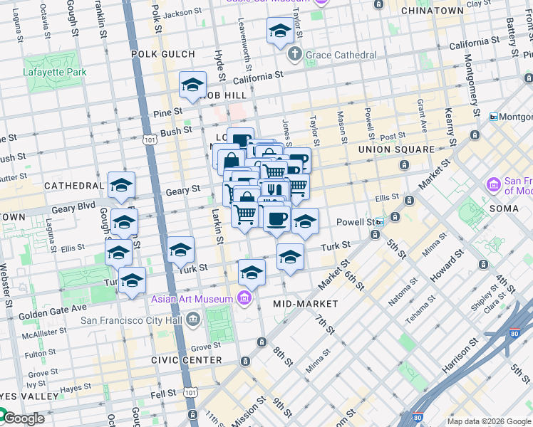 map of restaurants, bars, coffee shops, grocery stores, and more near in San Francisco