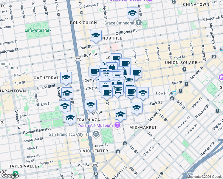 map of restaurants, bars, coffee shops, grocery stores, and more near in San Francisco