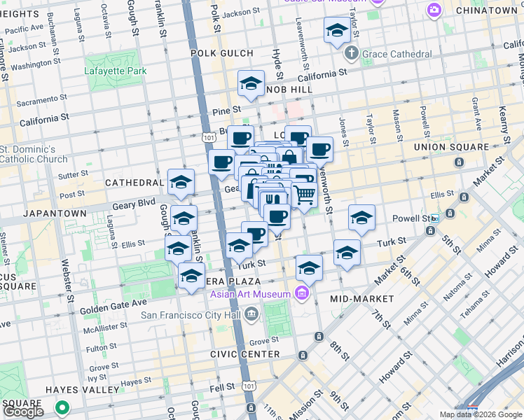 map of restaurants, bars, coffee shops, grocery stores, and more near 739 Larkin Street in San Francisco