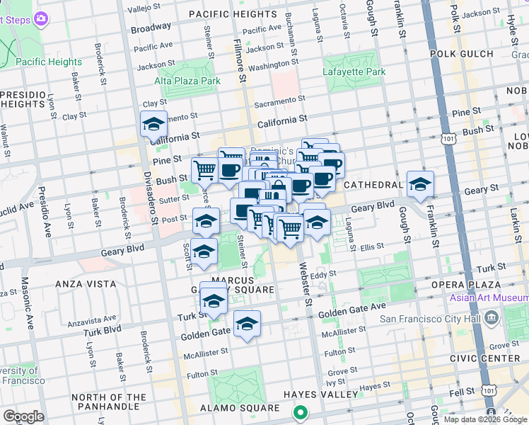 map of restaurants, bars, coffee shops, grocery stores, and more near 1670 Fillmore Street in San Francisco
