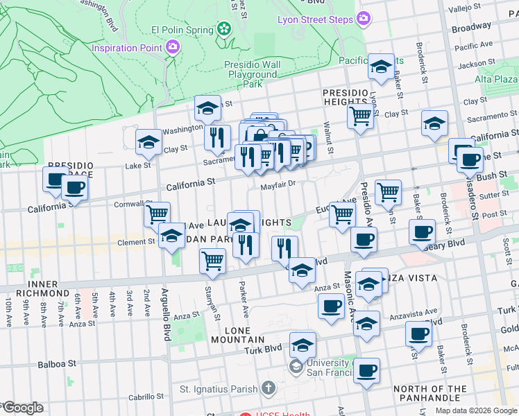 map of restaurants, bars, coffee shops, grocery stores, and more near 38 Heather Avenue in San Francisco