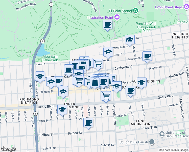 map of restaurants, bars, coffee shops, grocery stores, and more near 4101 California Street in San Francisco