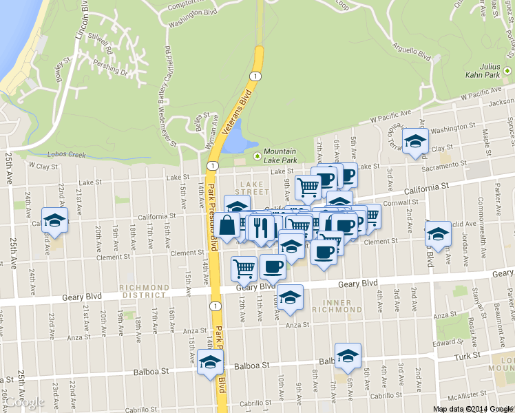 map of restaurants, bars, coffee shops, grocery stores, and more near 183 10th Avenue in San Francisco