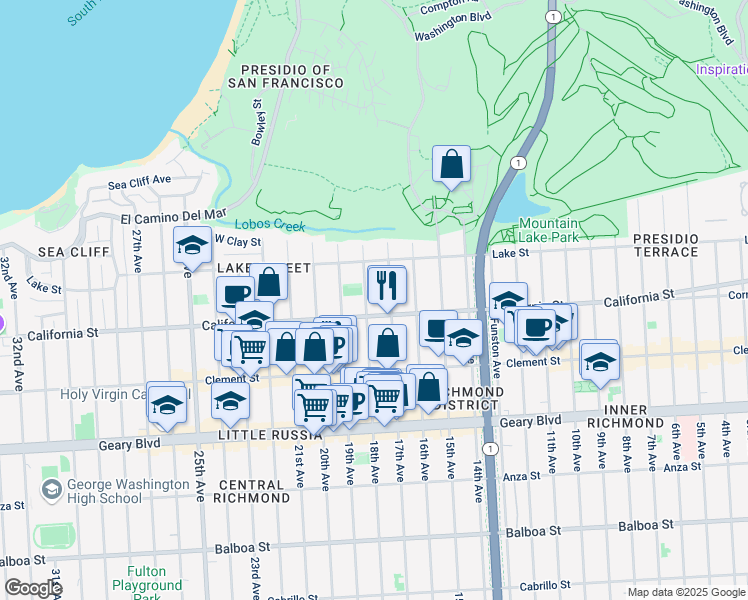 map of restaurants, bars, coffee shops, grocery stores, and more near 160 17th Avenue in San Francisco