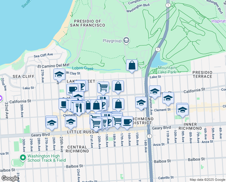 map of restaurants, bars, coffee shops, grocery stores, and more near Lake Street in San Francisco