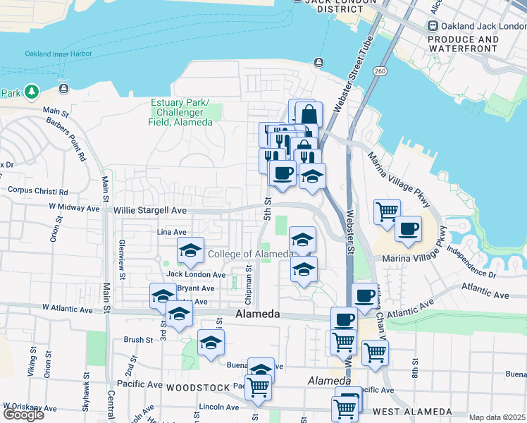 map of restaurants, bars, coffee shops, grocery stores, and more near 450 Railroad Lane in Alameda