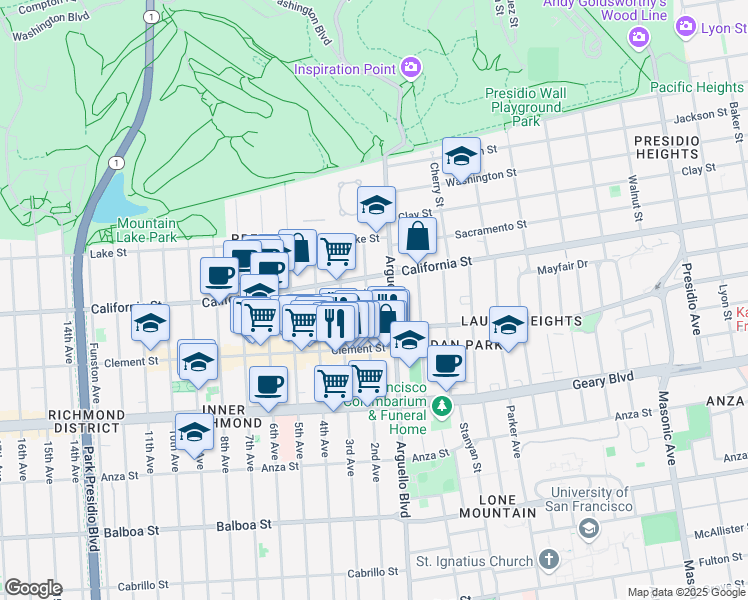 map of restaurants, bars, coffee shops, grocery stores, and more near 204 2nd Avenue in San Francisco