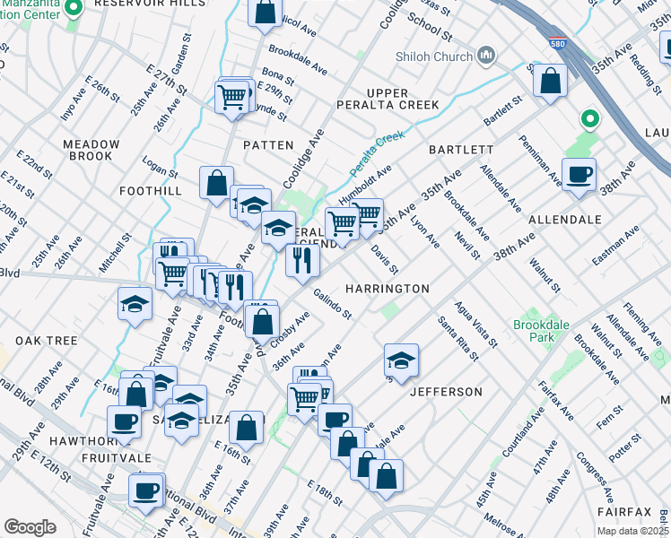 map of restaurants, bars, coffee shops, grocery stores, and more near 2162 35th Avenue in Oakland