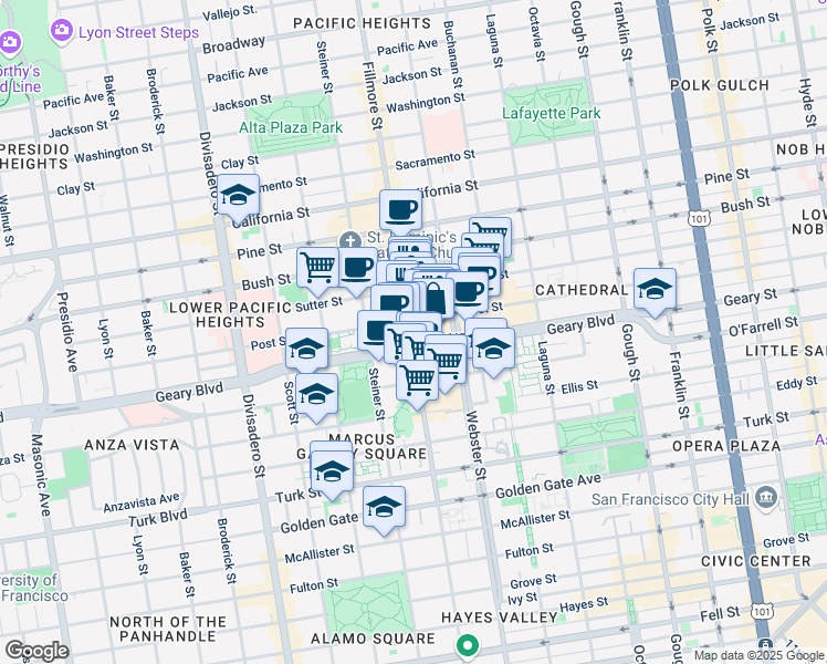 map of restaurants, bars, coffee shops, grocery stores, and more near 1670 Fillmore Street in San Francisco