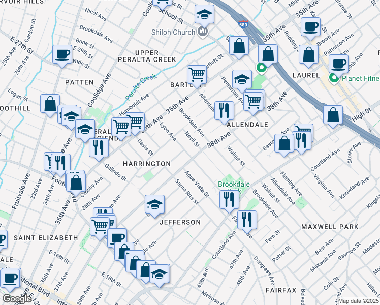 map of restaurants, bars, coffee shops, grocery stores, and more near 3720 Lyon Avenue in Oakland