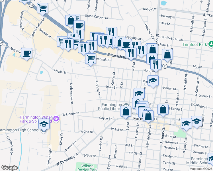 map of restaurants, bars, coffee shops, grocery stores, and more near 51 Doss Street in Farmington