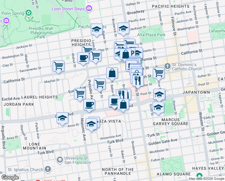 map of restaurants, bars, coffee shops, grocery stores, and more near Sutter St & Baker St in San Francisco